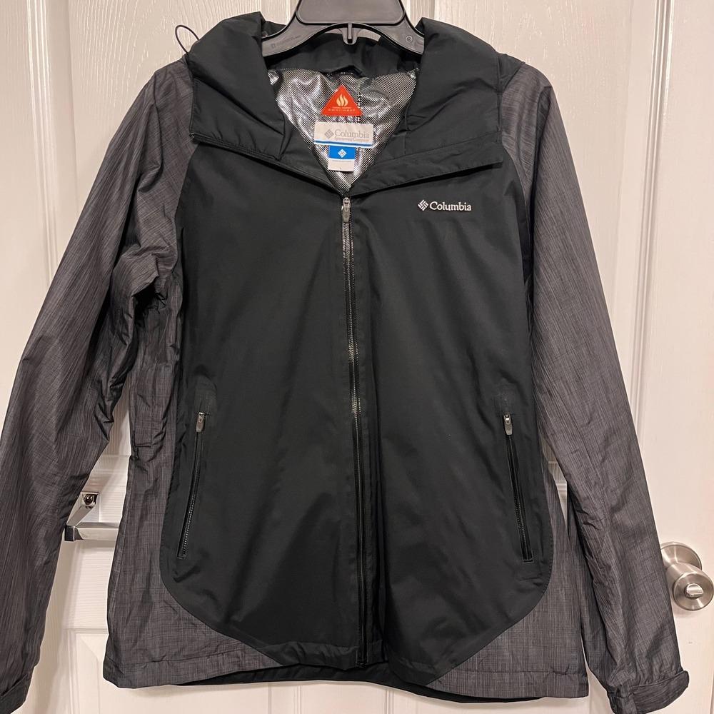 Columbia Omni-Heat Hooded Jacket Womens Large Black Gray Full Zip Omni-Tech